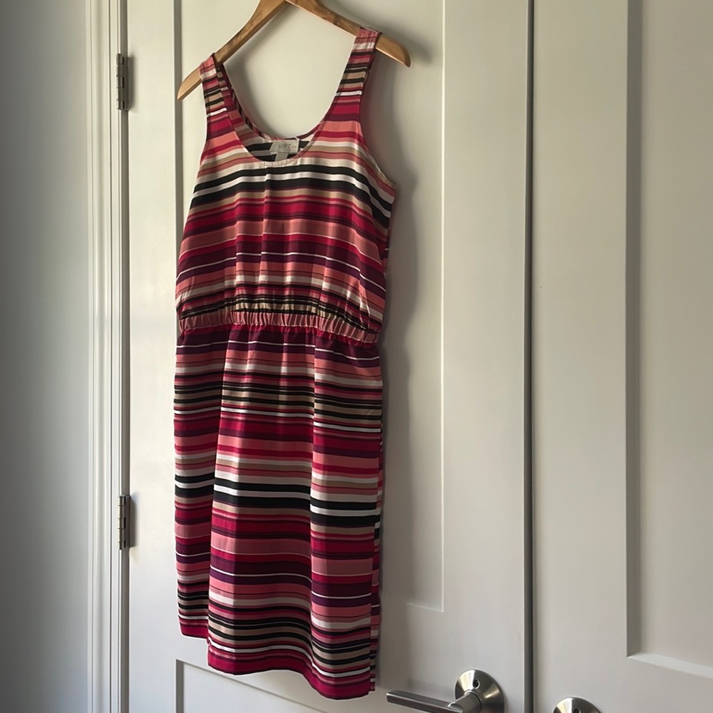 LOFT Striped Tank Dress - pink black 4 petite